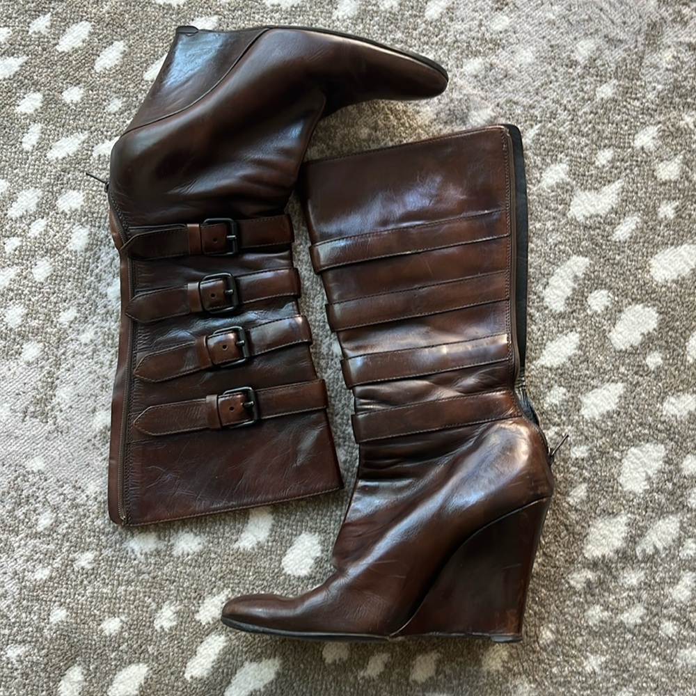 Vintage Helmut Lang brown leather buckled boots w/wedge heel and back zip. 7.5